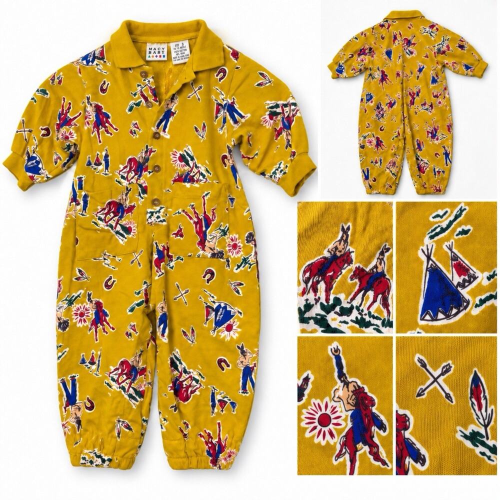 Vintage Macy’s Baby Cowboy Rodeo Romper Size S 6–12 Months Mustard Yellow